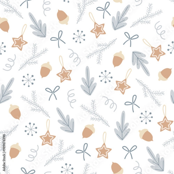 Fototapeta Vector Christmas seamless pattern with winter elements such as pine tree, acorns,bows,snowflakes, etc.