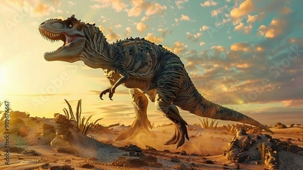 Fototapeta A Roaring Dinosaur in a Desert Landscape at Sunset