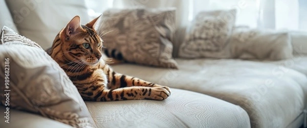 Fototapeta Relaxing bengal cat on cozy elegant sofa AI