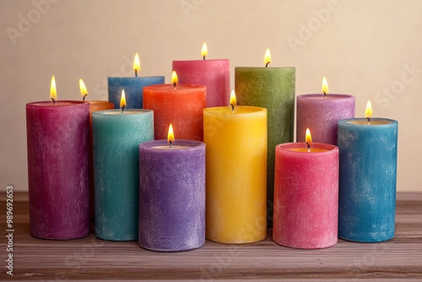 Fototapeta Colorful pillar candles arranged in beautiful display, radiating warmth and light. vibrant hues create cozy and inviting atmosphere, perfect for relaxation or celebration