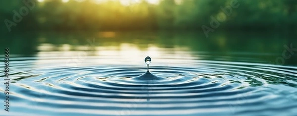 Fototapeta A single drop of water creating ripples in a calm pond, symbolizing small actions leading to large impacts in business, with soft natural light filtering through trees