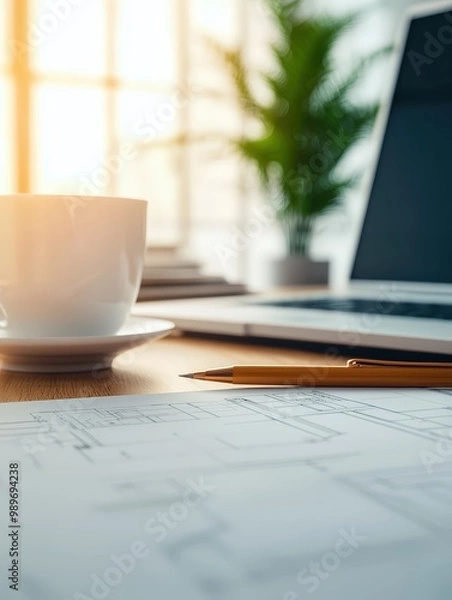 Obraz A detailed blueprint glowing on a modern desk, symbolizing strategic planning and business execution, with soft lighting highlighting the design