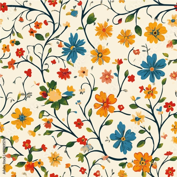Fototapeta Whimsical floral pattern with colorful flowers and intertwining vines. Perfect for spring designs, wallpapers, and fabrics.
