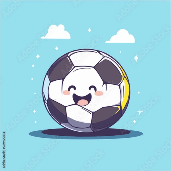 Fototapeta Playful cartoon soccer ball with a cute smiley face, perfect for kids-themed illustrations, apps, or sports-related digital projects.