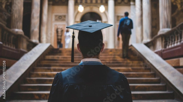 Fototapeta Graduate in cap and gown standing at the base of grand stairs inside a historic building, symbolizing the next step toward academic achievement and future opportunities