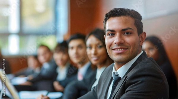 Fototapeta Confident young professional smiling during a business meeting with colleagues in the background, symbolizing teamwork, leadership, and success in a corporate environment