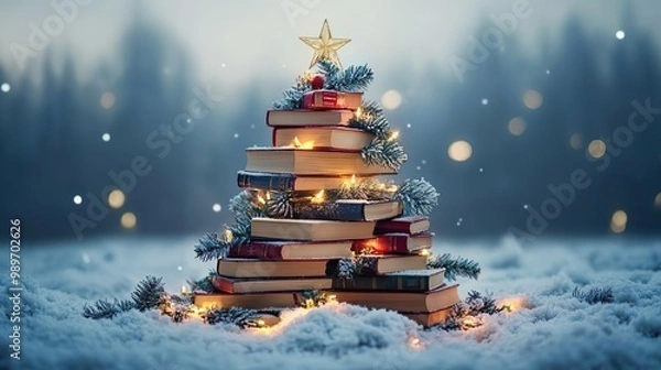 Fototapeta Holiday book sale featuring a festive Christmas tree made from colorful stacked books