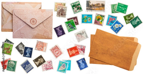 Fototapeta Post stamps and envelopes collection - Ready to use Premium PNG Cutout isolated image.