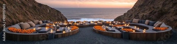 Fototapeta Luxurious cliffside seating area at sunset with cozy fire pits and ocean view nestled between two rocky formations