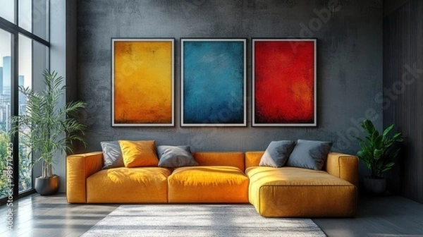 Fototapeta Modern Interior Design with Colorful Abstract Paintings