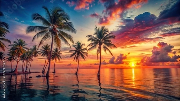 Fototapeta Vibrant sunset over a calm ocean with palm trees and neon colors, ideal for a tropical or retro-themed aesthetic, sunset