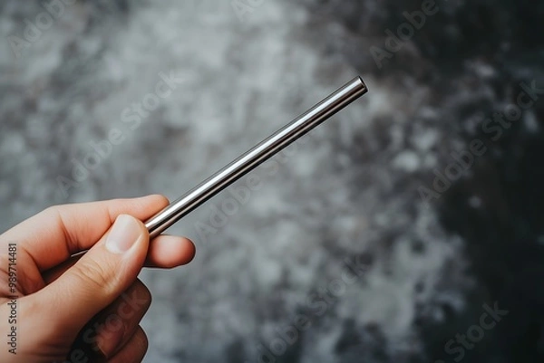 Fototapeta a hand holding a metal straw, with a focus on the eco-friendly alternative to plastic straws and the texture of the stainless steel