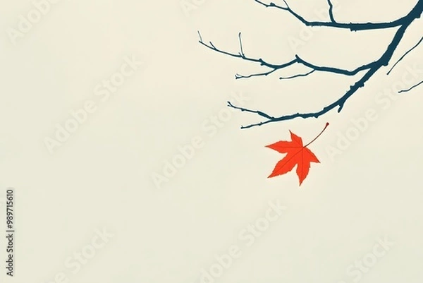 Fototapeta a single leaf gently falling from a tree branch, with clean lines and a simple color palette to evoke calmness