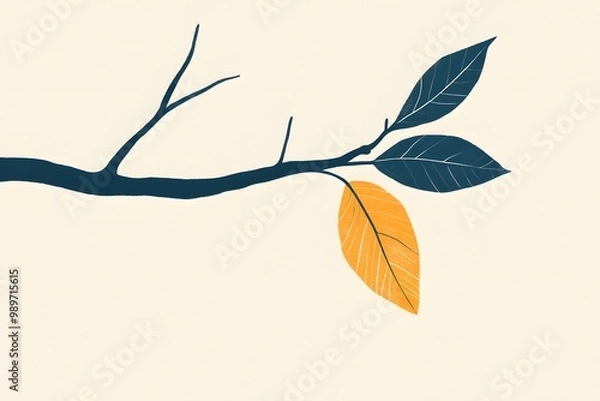 Fototapeta a single leaf gently falling from a tree branch, with clean lines and a simple color palette to evoke calmness