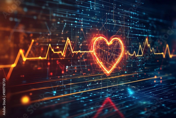 Fototapeta Strong ECG Pulse with Heart Icon on High-Tech Digital Screen Representing Cardiac Health