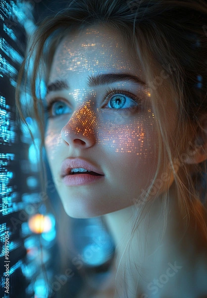 Fototapeta A close-up portrait of a woman with glowing facial effects, blue eyes, and ethereal background lights, creating a dreamy and futuristic atmosphere.