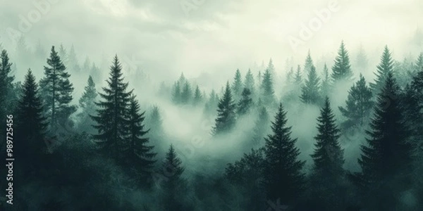 Fototapeta Misty fir forest with soft morning light filtering through the fog