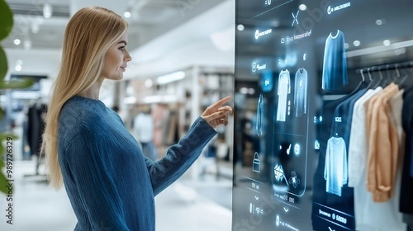 Fototapeta Augmented reality mirror displaying virtual clothing choices on customer using interactive AI assistant. AI generated