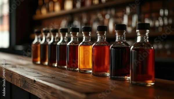 Fototapeta A collection of various whiskey bottles arranged neatly on a wooden bar in a cozy tavern setting, highlighting rich colors.