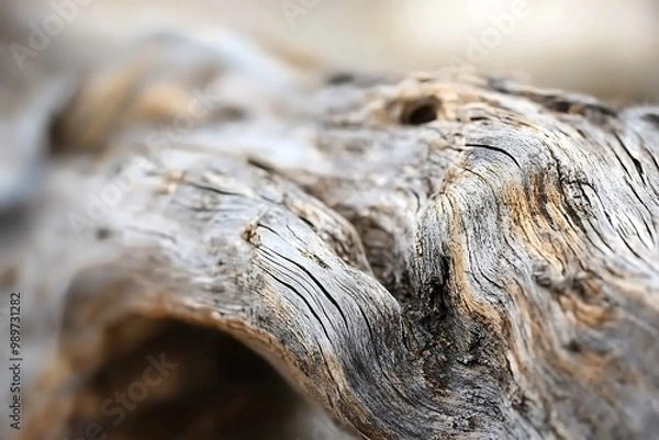 Fototapeta Close-up photo of a weathered piece of driftwood, focusing on its grain.