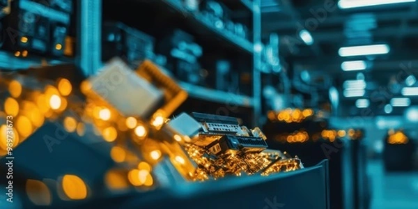 Fototapeta A vibrant close-up of illuminated electronic components in a storage space, showcasing a blend of technology and creative design.
