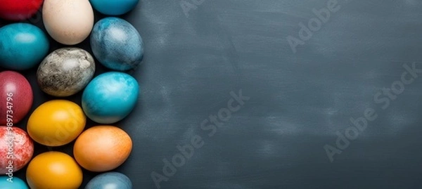 Obraz Colorful Easter eggs arranged on a dark surface with space for text and decoration ideas