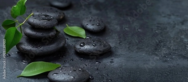 Fototapeta Space For Text With Pile Of Black Stones With Four Leaves