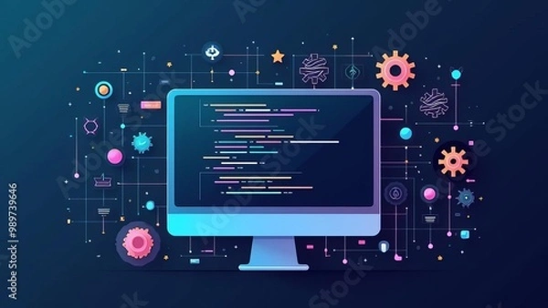 Fototapeta Software Development Illustration: Coding on Computer Screen with Programming Elements