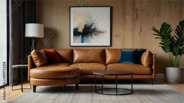 Fototapeta Template of vintage interior of living room with  leather sofa. Modern home with sofa, table, plants, pillows and posters on wooden wall