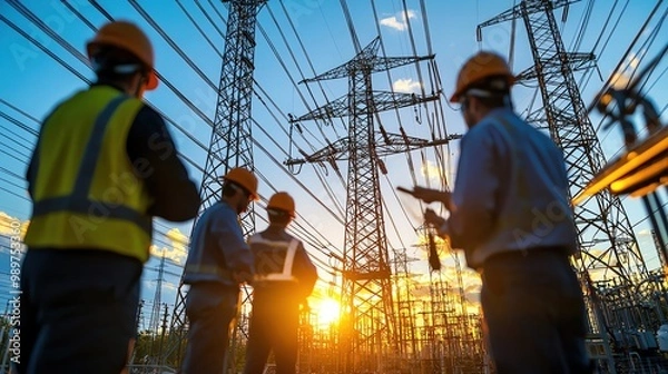 Fototapeta Power grid workers maintaining infrastructure while equity firm executives oversee, collaboration in energy development and finance growth