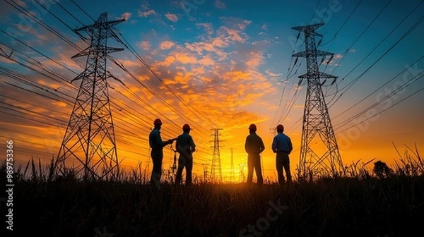 Fototapeta Power grid workers maintaining infrastructure while equity firm executives oversee, collaboration in energy development and finance growth