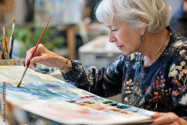 Obraz A senior woman in a watercolor painting class, carefully applying paint to her canvas, as she learns new techniques