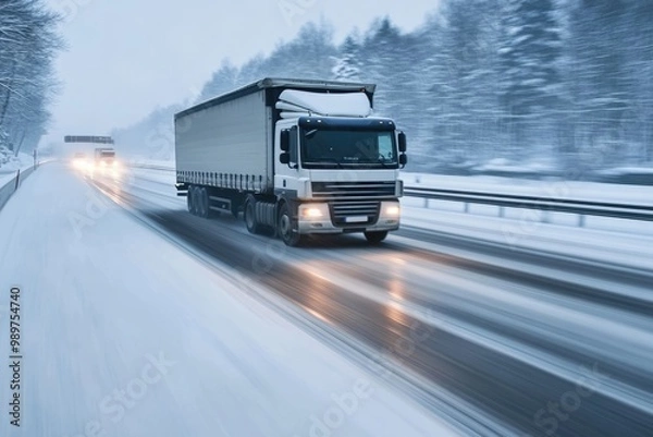 Fototapeta A transport truck driving at high speed on a snowy highway, with motion blur to depict the vehicle’s speed and efficiency in harsh winter conditions