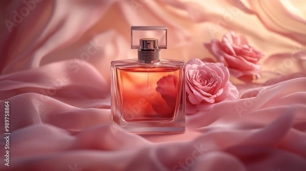 Obraz The product photography is a pink perfume with a gradient light pink background and jasmine flowers. product perfume with a silk background