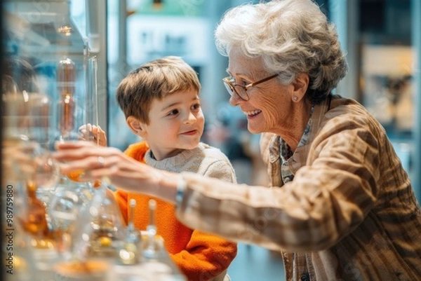 Obraz High-resolution brightly lit photorealistic candid photograph of a grandmother and grandchild having a delightful time at a local science museum, interacting with engaging exhibits and sharing