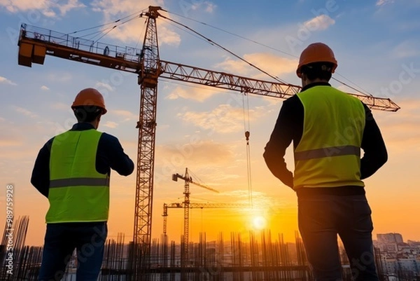 Fototapeta A construction site at sunrise, with cranes silhouetted against the sky and workers starting their day