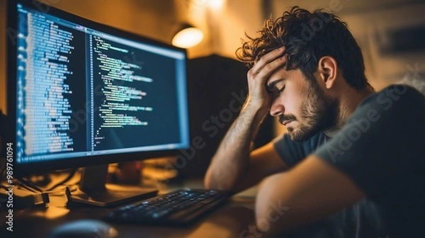 Obraz Engineer staring at computer screen, error message visible, coding environment, hands on keyboard. AI generated