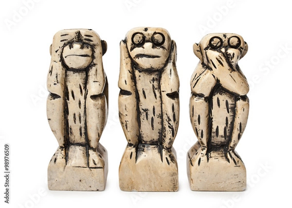 Obraz Three figures of monkeys on a white background. See nothing, hear nothing, do not say anything.