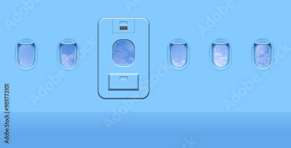 Fototapeta Beautiful sky with clouds, view through airplane windows in light blue sidewall of cabin