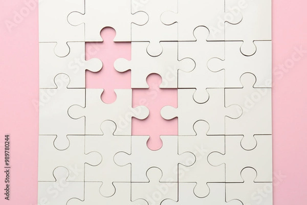 Fototapeta White puzzle with missing pieces on pink background, top view
