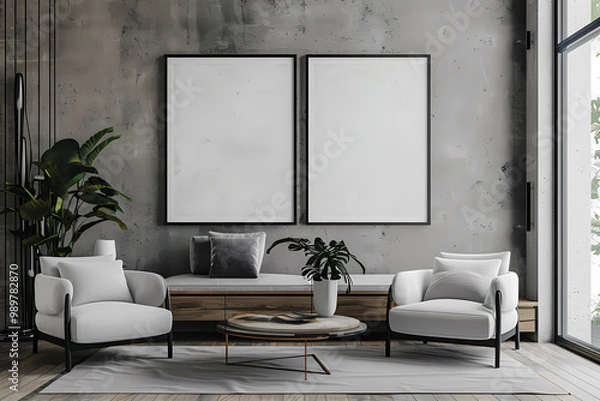 Fototapeta Modern living room featuring minimalist furniture in a neutral color palette with large blank frames and greenery.