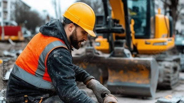 Obraz Worker skillfully maneuvering excavator on construction site landscape. AI generated