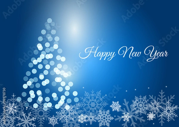 Fototapeta Shining new year tree on blue gradient background. Christmas or New Year greeting card design concept. Symbol of winter. Can be used on post cards, other print products, page and web decor.