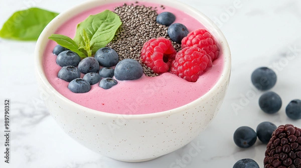 Obraz A smoothie bowl topped with fresh fruits, seeds, and nuts, vibrant colors and textures, placed on a marble table with sunlight streaming in, perfect for a healthy breakfast or snack imagery.