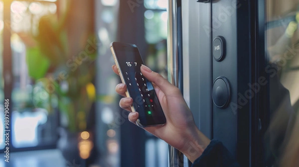 Fototapeta Closeup of a woman's finger entering password code on the smart phone and digital touch screen keypad entry door lock in front of a hotel room or apartment, Modern security, Smart device