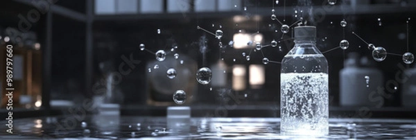 Fototapeta A bottle of liquid with bubbles, surrounded by a network of water droplets.