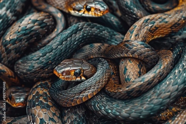 Fototapeta A mysterious encounter among a group of snakes in the wild, showcasing their intricate patterns and behavior in nature