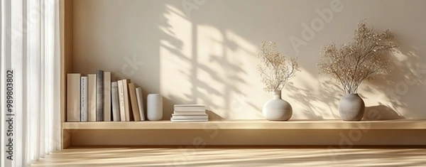 Fototapeta afternoon time at library, relaxing at home reading books vase dried flower shelf sunshine, take it easy and enjoy life, wallpaper Wall art, background with copy space