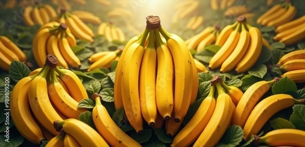 Obraz A vibrant display of fresh bananas surrounded by lush leaves, perfect for food-related projects, health promotions, and tropical themes.