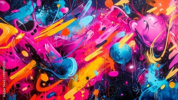 Obraz Energetic graffiti wall with explosive paint splashes, chaotic composition
